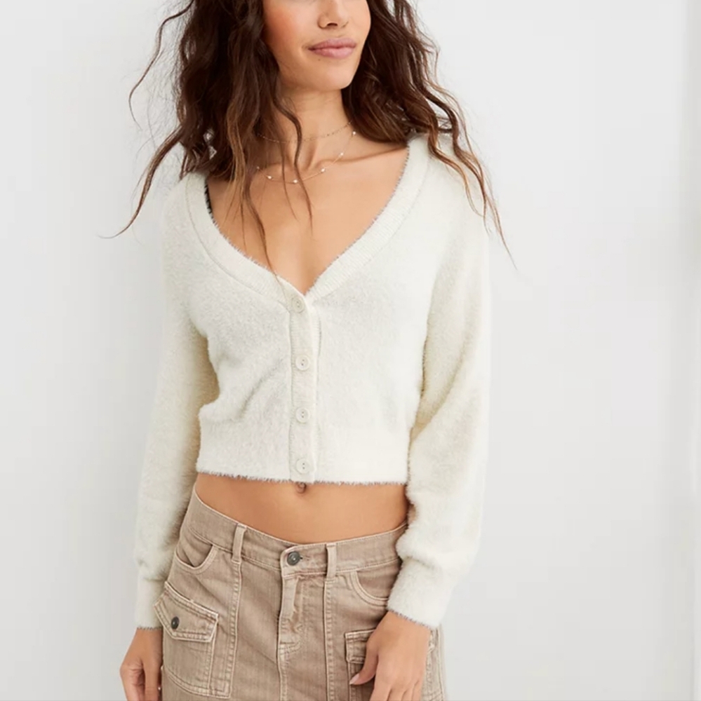 *AERIE* Fuzzy cropped cardigan with buttons on front. - Picture 2 of 8